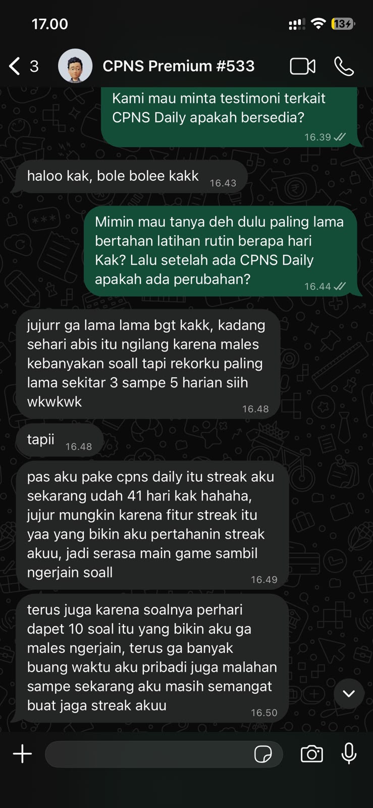 Chat WhatsApp member: 41 hari beruntun, sebelumnya mentok 3 hari